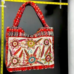 Handmade Boho Tapestry Tote Bag Red Multicolor Floral Beaded Embroidery 15x12